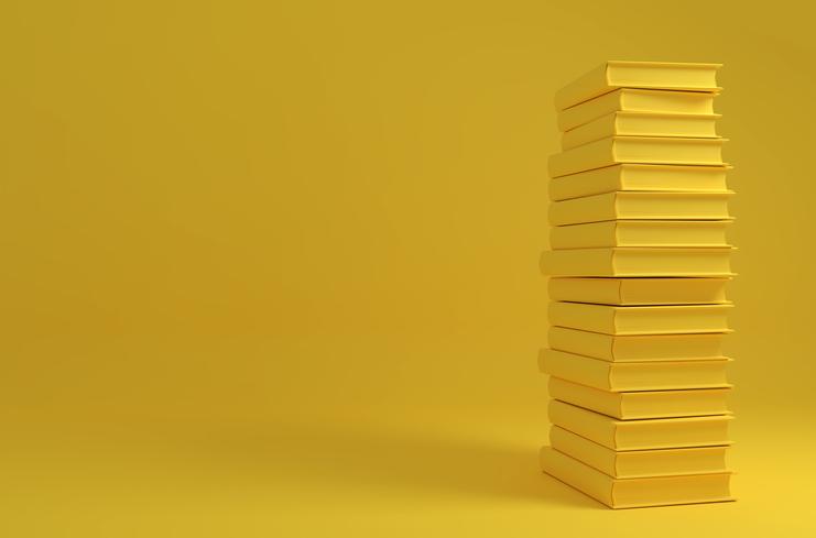 Stapel gelber Bücher vor gelbem Hintergrund Ein hoher Stapel gelber Bücher steht auf der rechten Seite vor einem monochromen gelben Hintergrund. Die Szene wirkt minimalistisch und farblich abgestimmt.